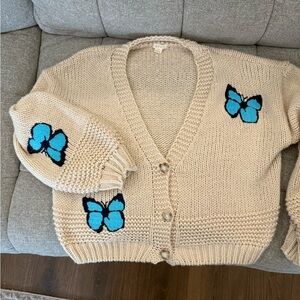 Butterfly Embroidered Beige Cardigan